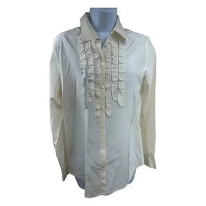 J Jill cream colored long sleeve button up shirt with front ruffles size Small
